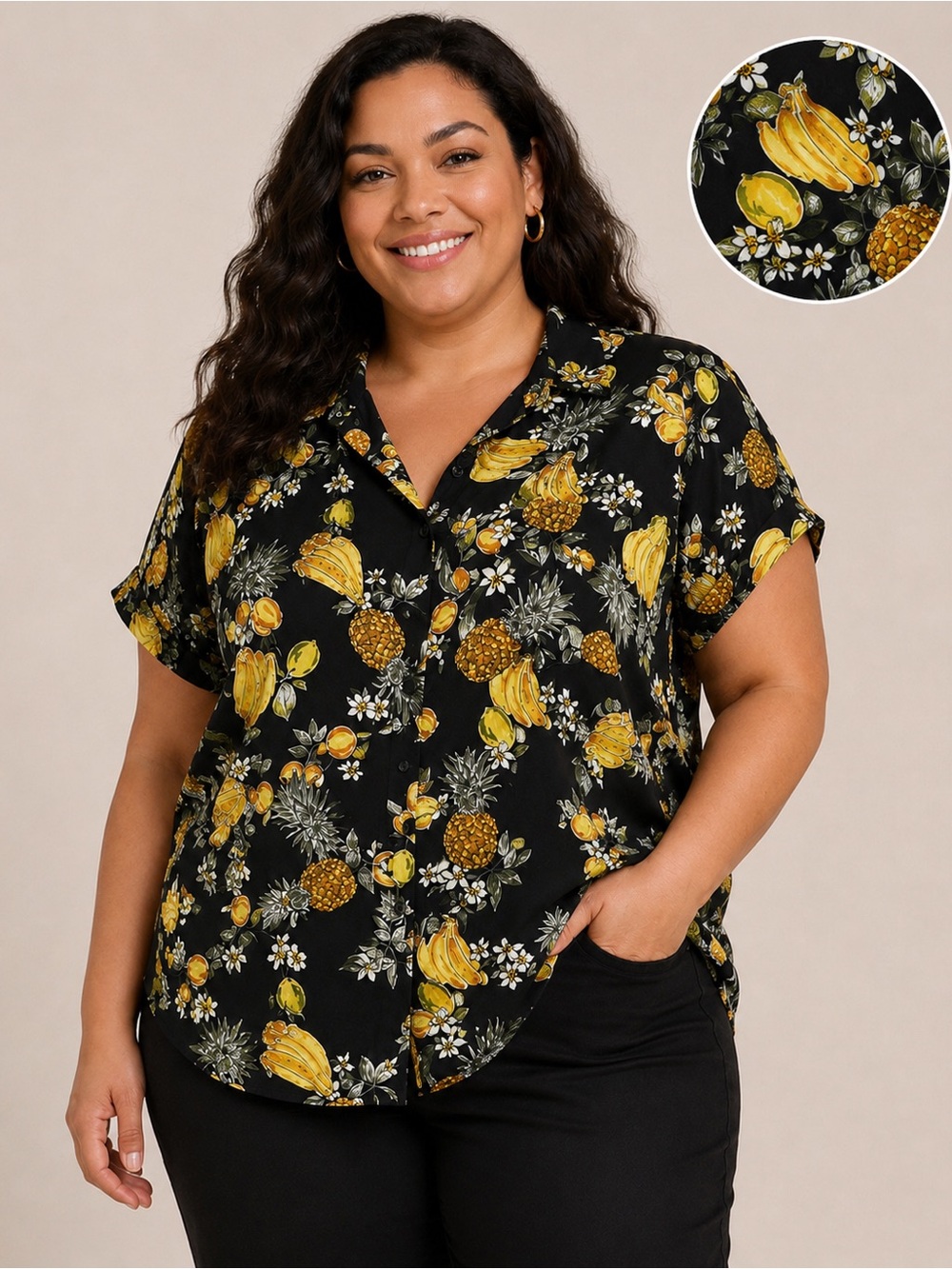 Lord & Taylor Design Lab Tropical Fruit Blouse 3X Pineapple Banana Rayon Button